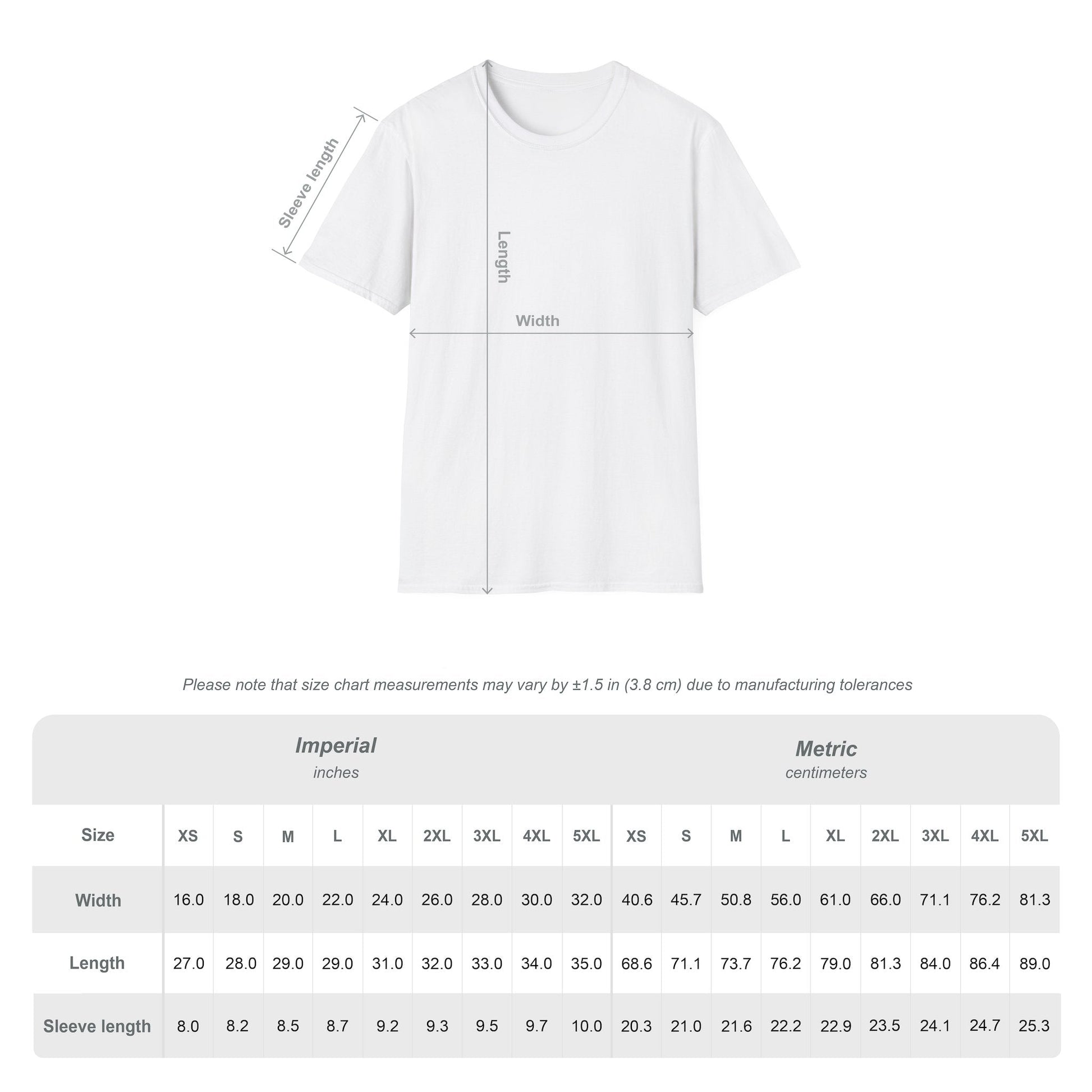 White t-shirt with size chart measurements on a white background
